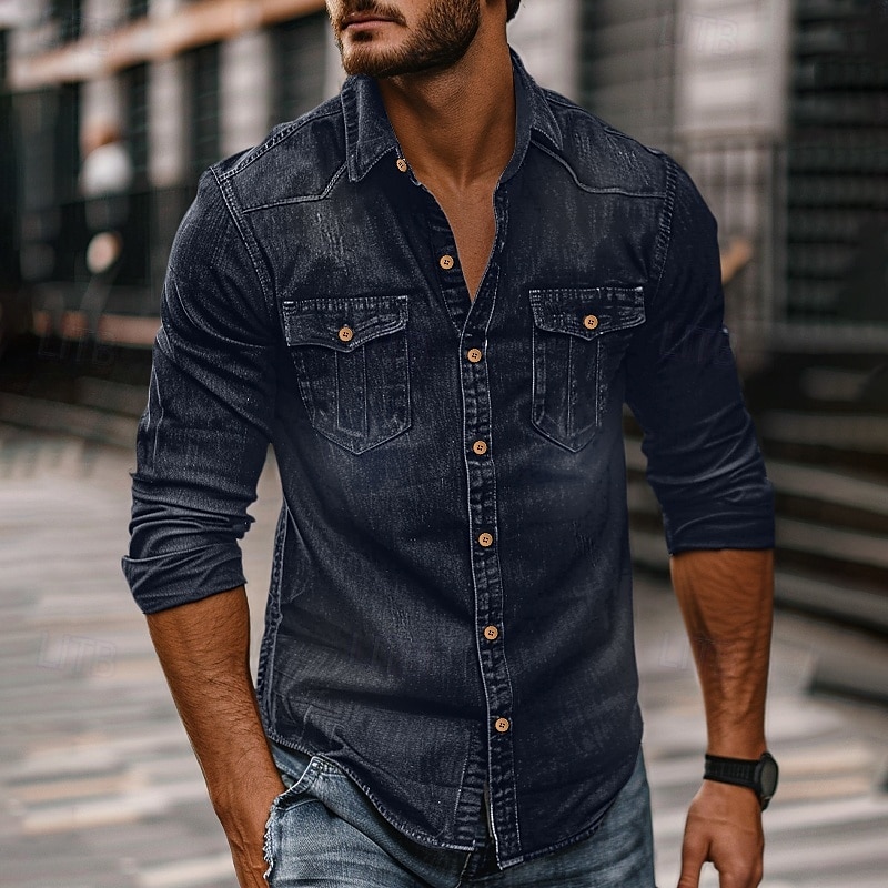 Men's Shirt Chambray Shirt Calico Shirt Button Up Shirt Casual Shirt Denim Shirt Denim Blue Black Dark Navy Blue Long Sleeve Plain Collar Daily Vacation Clothing Apparel Cotton Fashion Casual 2026 - $37.99 &ndash;P3