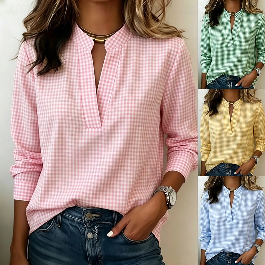 Women's Black White Mini Gingham Mandarin Collar Half Placket Long Sleeve Loose Casual Work Blouse 2026 - $27.99 &ndash;P1