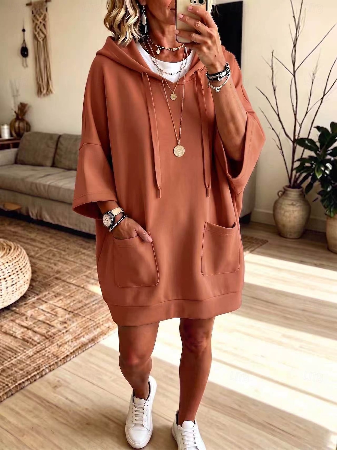 Women's Knee Length Dress Hoodie Dress Casual Daily Plain 3/4 Length Sleeve Hooded White Light color Black Purple Fall Autumn 2026 - $35.99 &ndash;P7