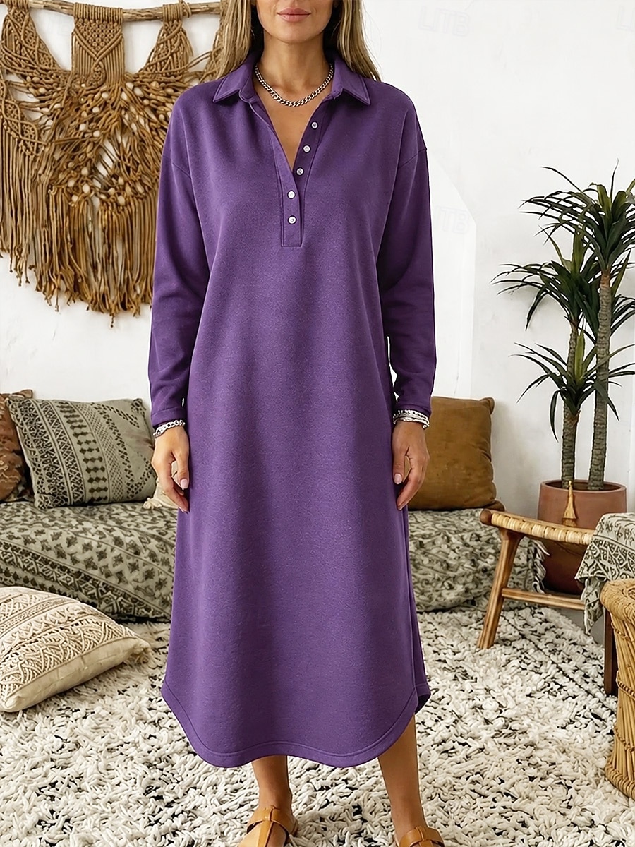 Women's Midi Dress Shift Dress T Shirt Dress Tee Dress Casual Home Outdoor Going out Loose Fit Solid Color Long Sleeve Lapel Blue Black Camel Purple Summer Fall Winter 2026 - $29.99 &ndash;P1