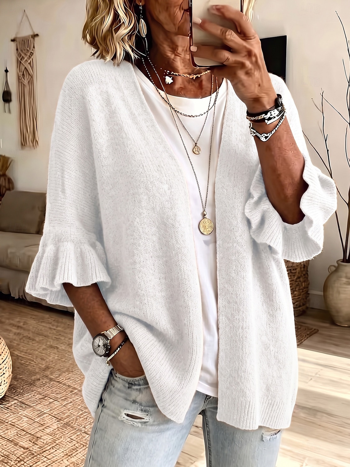 Women's Knit Cardigan Vintage Ribbed Open Front Ruffle Patchwork 3/4 Length Sleeve Regular Tops Knit Home Blue White Fall Winter 2026 - &euro;35.99 &ndash;P10