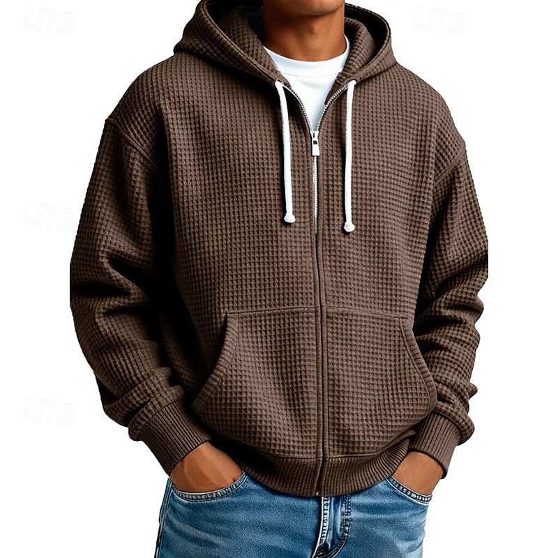 Men's Hoodie Full Zip Hoodie Waffle Hoodies Black White Light Green Army Green Navy Blue Hooded Plain Textured Casual Daily Sports & Outdoor Streetwear Cool Sportswear Fall & Winter Spring & Fall 2026 - €11.69 –P2
