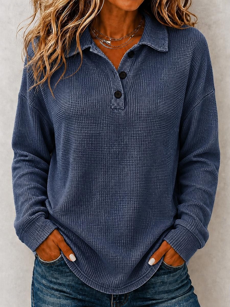 Women's Washed Cotton Waffle Polo Shirts Blouse Knit Shirts Texture Solid Color Fashion Stylish Basic Long Sleeve Bishop Sleeve V Neck Shirt Collar Long Tops Casual Daily Going out Blue Dark Blue 2026 - $35.99 &ndash;P6