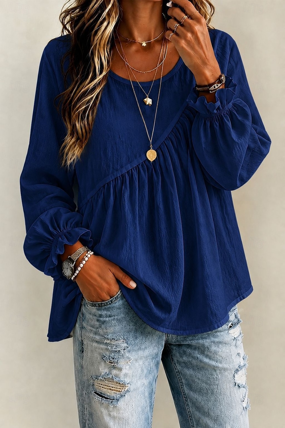Women's White Boho Blouse Round Neck Long Sleeve Ruffle Trim Peplum Tunic Shirt 2026 - $27.99 &ndash;P5