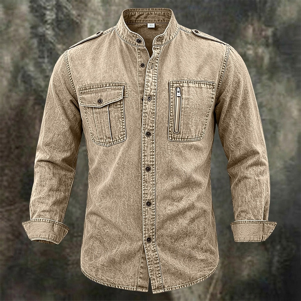 Men Shirt Garment Dyed Acid Wash Shirt Blue Black Green khaki Long Sleeve Plain Shirt Collar Mandarin Collar Casual Daily Pocket Clothing Apparel Elegant Fashion Casual 2026 - $34.99 &ndash;P6