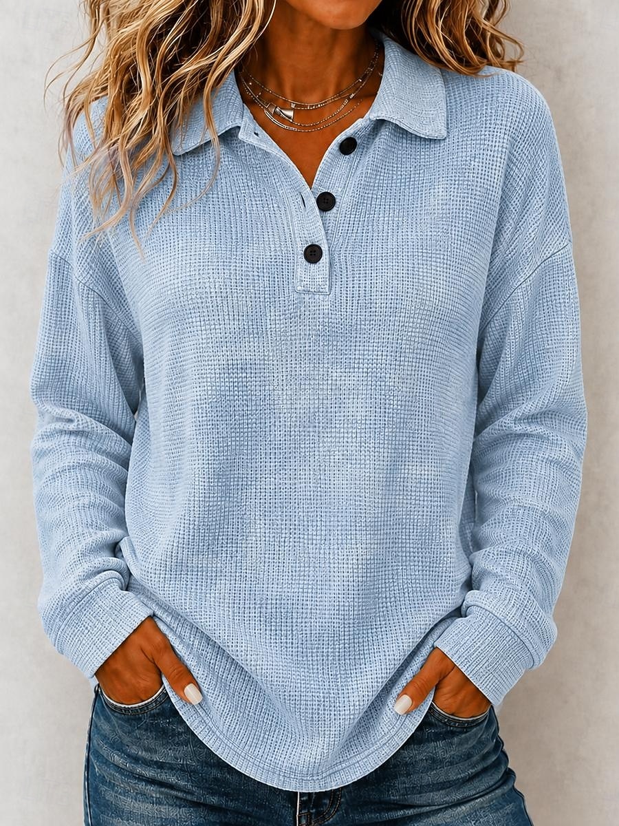 Women's Washed Cotton Waffle Polo Shirts Blouse Knit Shirts Texture Solid Color Fashion Stylish Basic Long Sleeve Bishop Sleeve V Neck Shirt Collar Long Tops Casual Daily Going out Blue Dark Blue 2026 - $35.99 &ndash;P3
