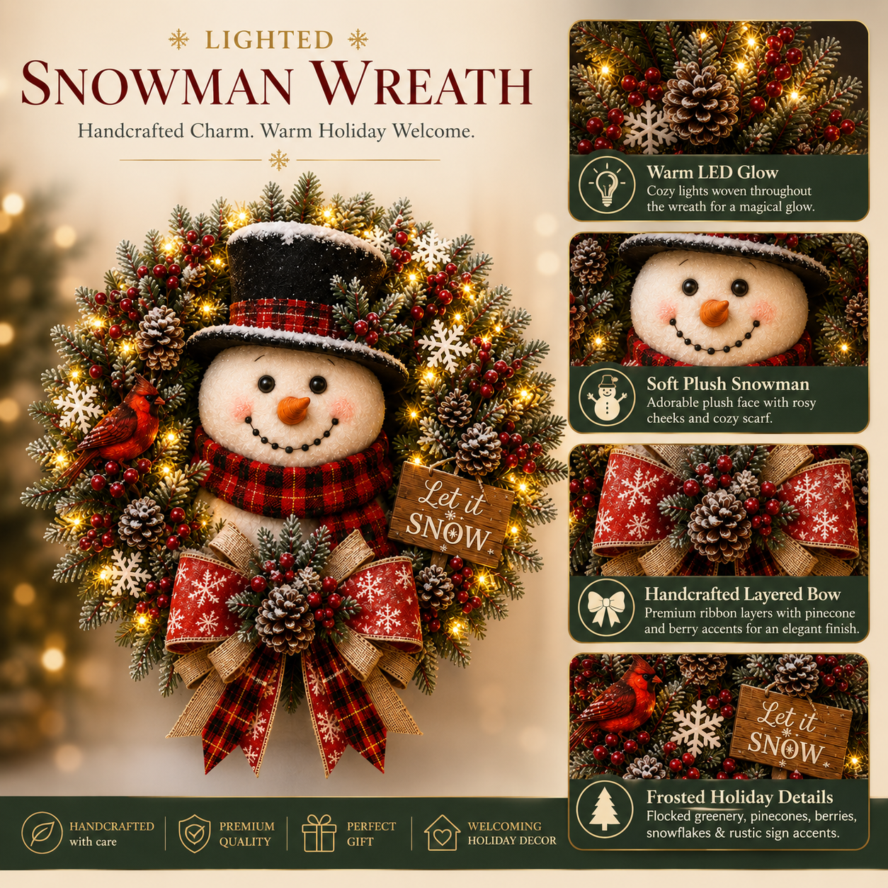 Lighted Snowman Wreath Detail