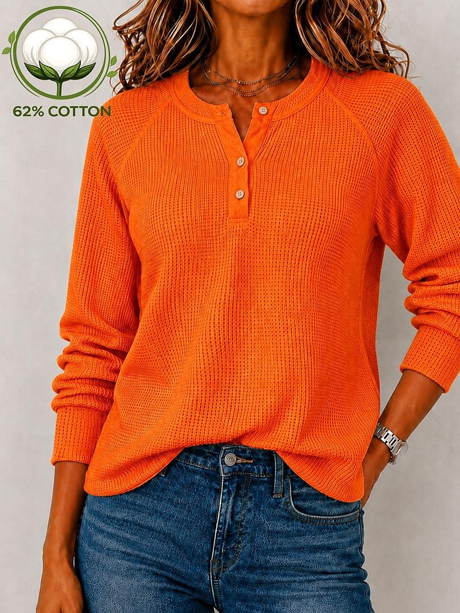 Women's Waffle Shirt Blouse Knit Shirts Texture Solid Color Stylish Basic Classic Long Sleeve Shirt Henry Collar Long Tops Casual Daily Halloween Going out White Purple Orange Beige Spring Fall Winter 2026 - $33.99 &ndash;P6