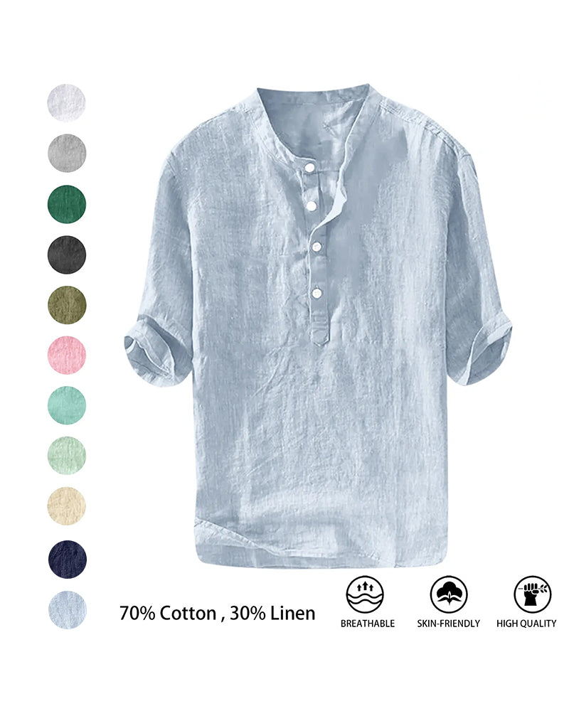 Summer Men's Stand Collar Half-placket Linen Shirt