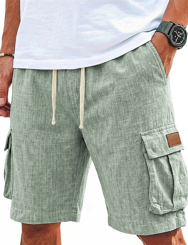 Men's Shorts Linen Shorts Summer Shorts Beach Shorts Drawstring Elastic Waist Multi Pocket Plain Comfort Breathable Knee Length Daily Outdoor Holiday Vacation Fashion Black Green Inelastic 2026 - $24.99 –P1