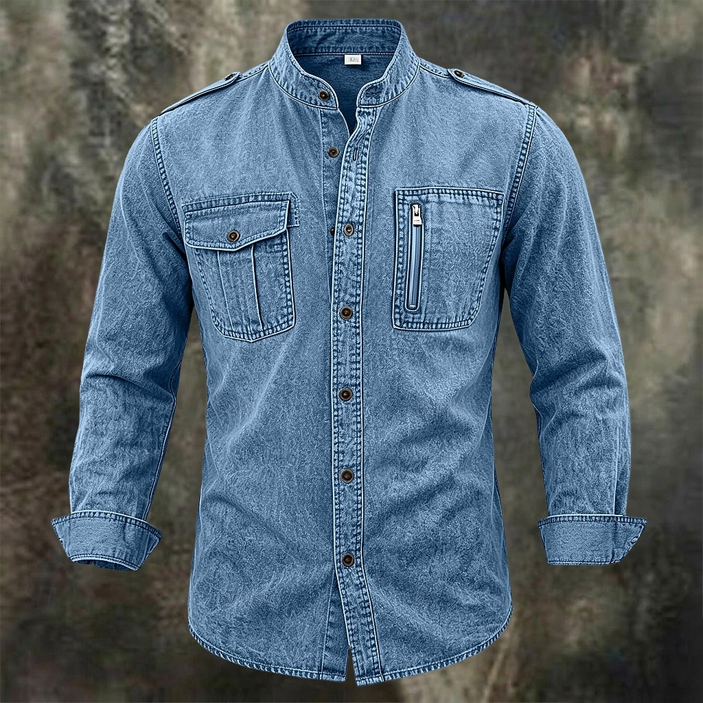 Men Shirt Garment Dyed Acid Wash Shirt Blue Black Green khaki Long Sleeve Plain Shirt Collar Mandarin Collar Casual Daily Pocket Clothing Apparel Elegant Fashion Casual 2026 - $34.99 &ndash;P1