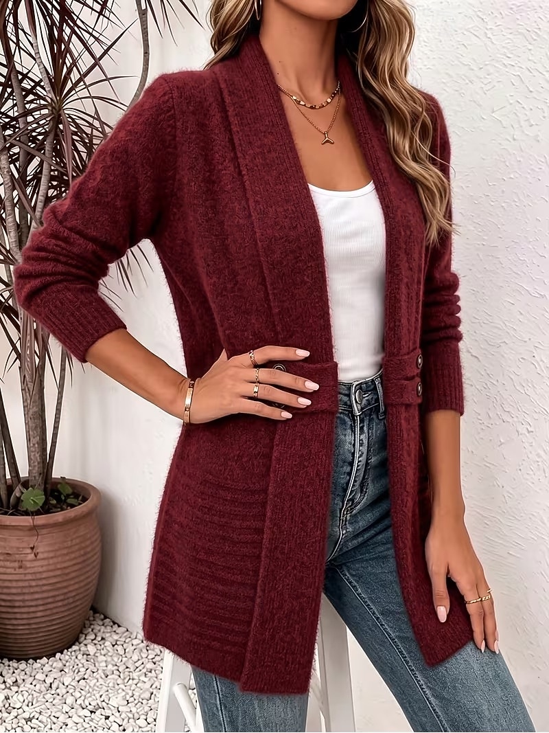 Women's Long Cardigan Knit Cardigan Streetwear Work Open Front Knitted Long Sleeve Long Tops Knit claret Coffee brown Fall Winter 2026 - &euro;24.83 &ndash;P13