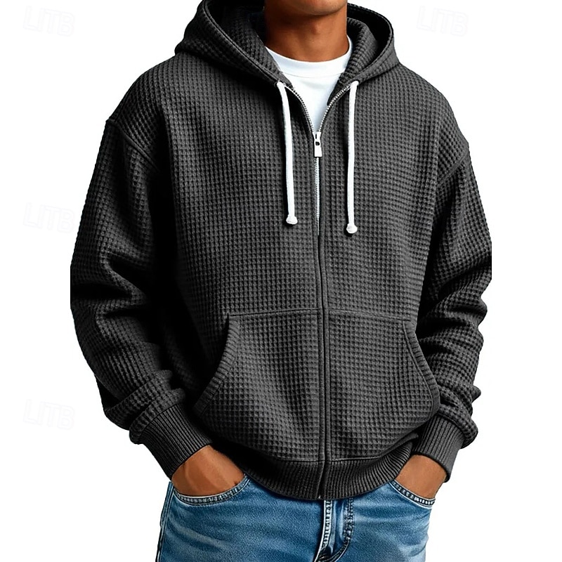 Men's Hoodie Full Zip Hoodie Waffle Hoodies Black White Light Green Army Green Navy Blue Hooded Plain Textured Casual Daily Sports & Outdoor Streetwear Cool Sportswear Fall & Winter Spring & Fall 2026 - €11.69 –P5