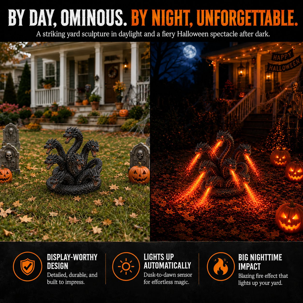 🔥🐉 Fire-breathing Orochi solar garden light – Epic Halloween decoration: multi-headed dragon