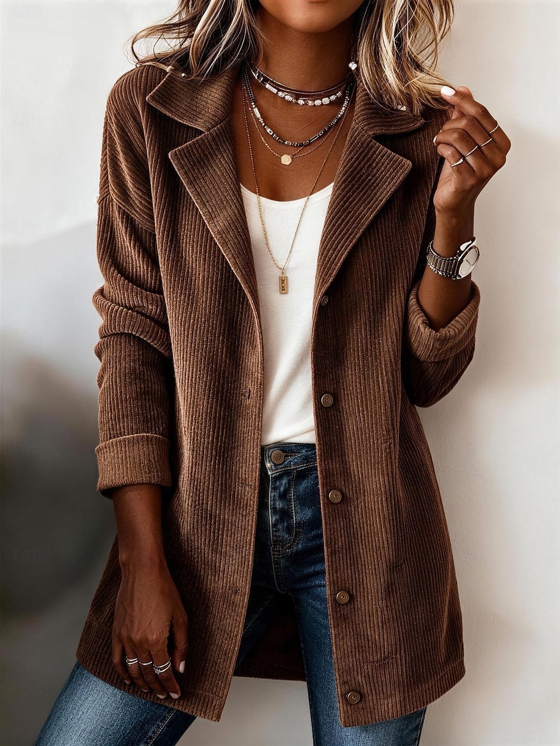 Women's Long Coat Blazer Corduroy Jacket Lightweight Buttons Elegant Modern Solid Color Casual Daily Street Regular Notch Lapel Long Sleeve Outerwear Black Wine Purple Fall Winter 2026 - &euro;35.99 &ndash;P3