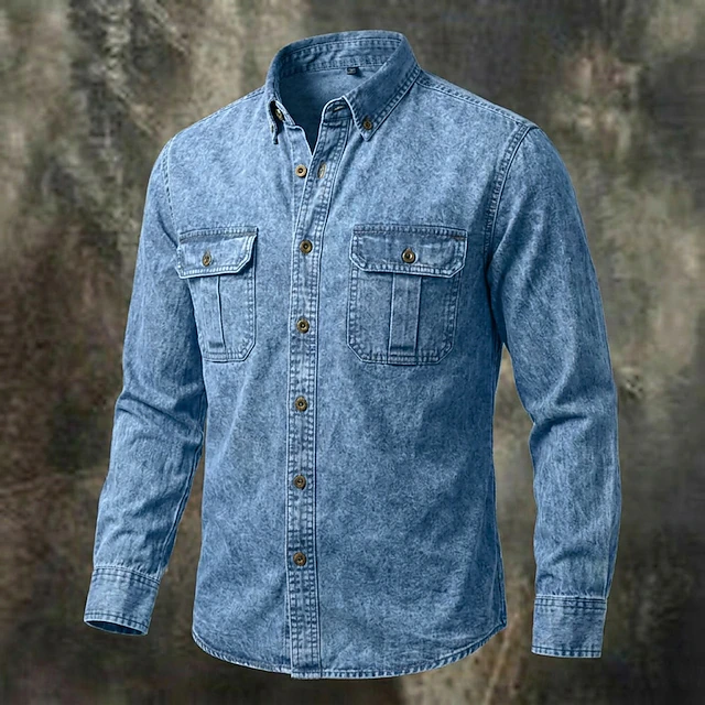 Men Shirt Garment Dyed Acid Wash Shirt Blue Black Red Purple Green Long Sleeve Plain Shirt Collar Casual Daily Front Pocket Clothing Apparel Elegant Fashion Casual