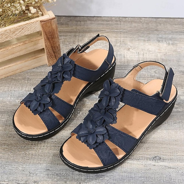 Women's Navy Blue Floral Sandals - Stylish Flat Shoes with Flower Accents for Casual Summer Wear