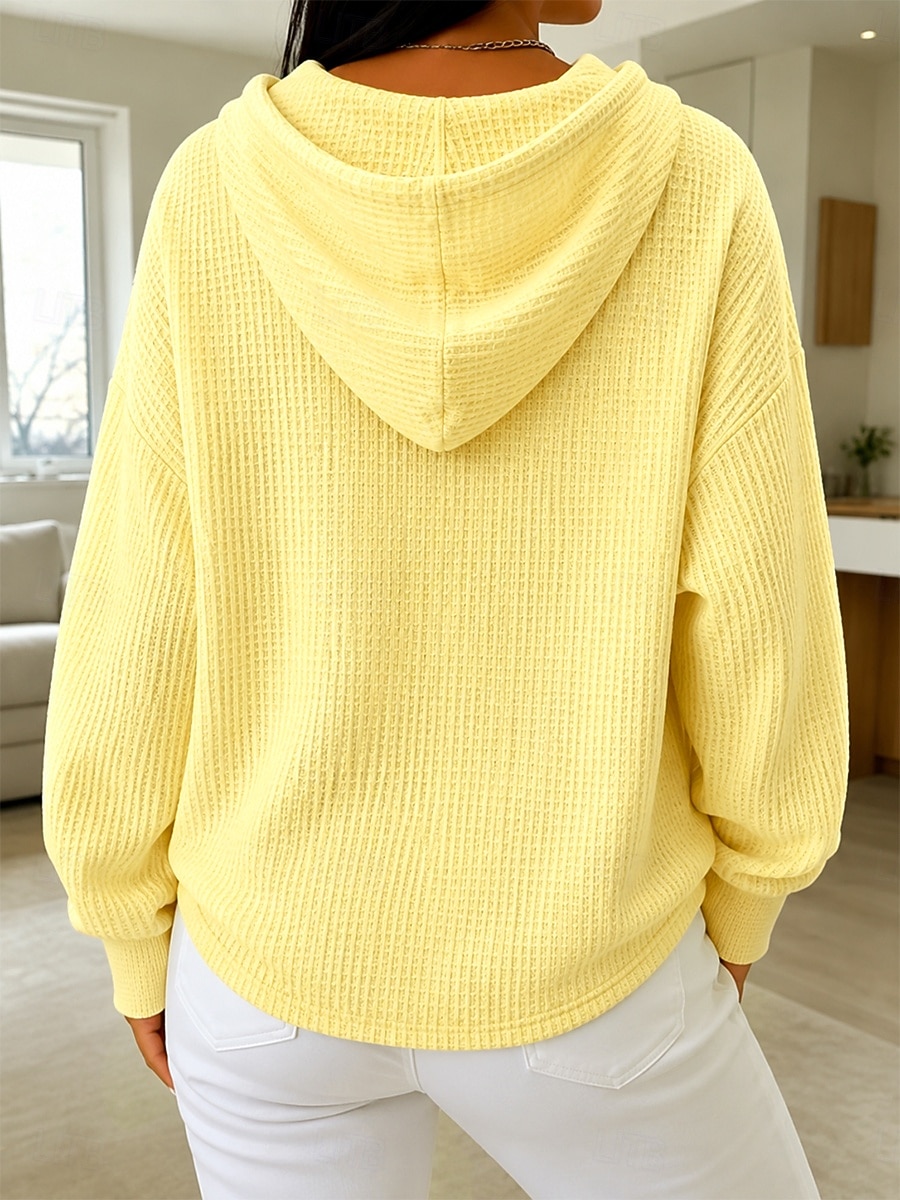 Women's Waffle Sweatshirts Textured Pullover Hoodie Sweatshirt Waffle Knit Tops Drawstring Pocket Buttons Plain Casual Long Sleeve V Neck Hooded Long Tops Blue White Yellow Pink Spring Fall Winter 2026 - $31.99 &ndash;P2