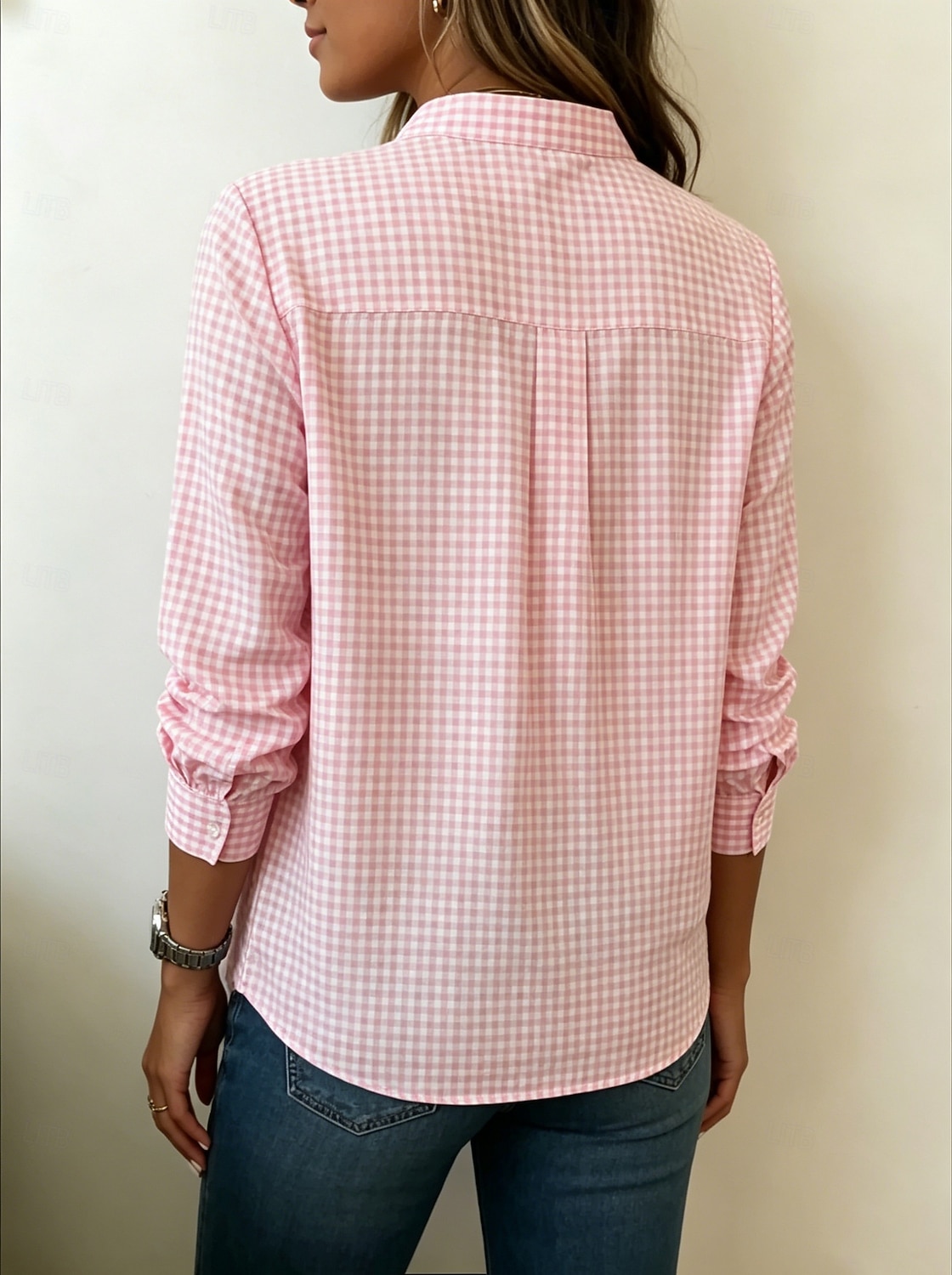 Women's Black White Mini Gingham Mandarin Collar Half Placket Long Sleeve Loose Casual Work Blouse 2026 - $27.99 &ndash;P4