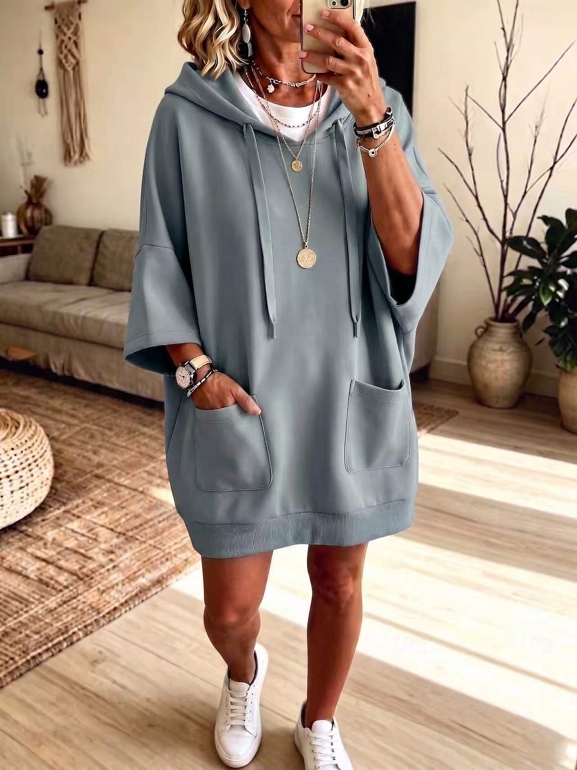 Women's Knee Length Dress Hoodie Dress Casual Daily Plain 3/4 Length Sleeve Hooded White Light color Black Purple Fall Autumn 2026 - $35.99 &ndash;P6