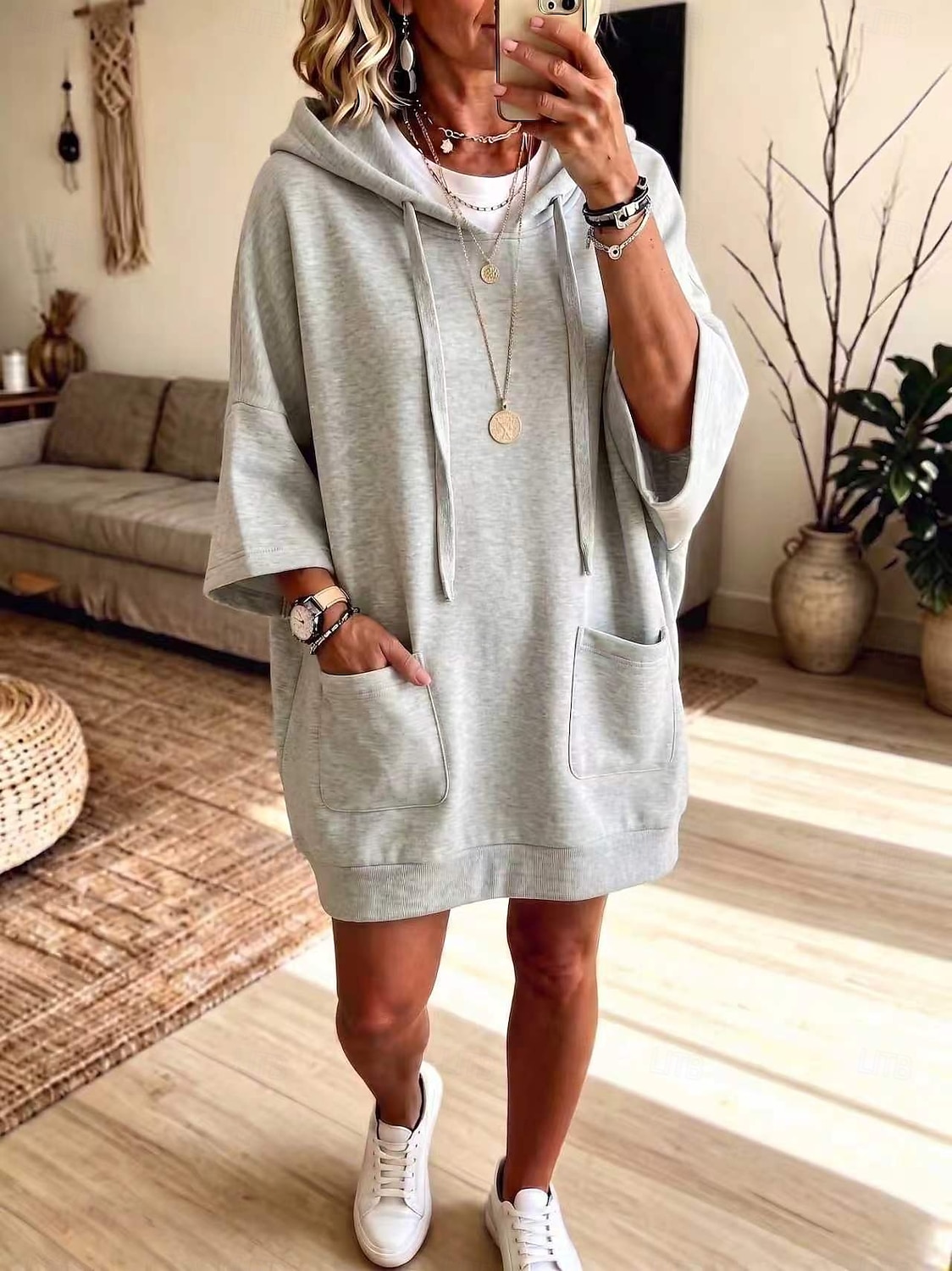 Women's Knee Length Dress Hoodie Dress Casual Daily Plain 3/4 Length Sleeve Hooded White Light color Black Purple Fall Autumn 2026 - $35.99 &ndash;P5