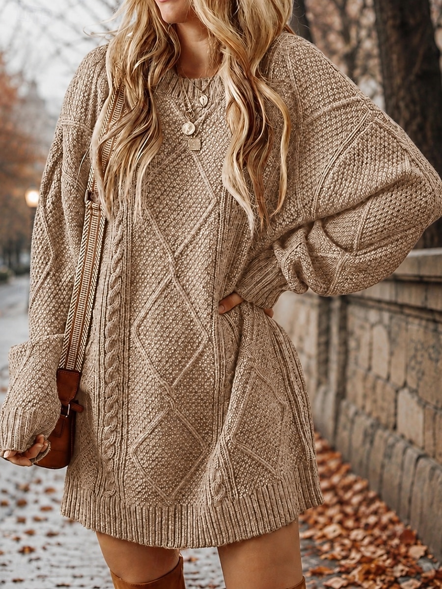 Women's Mini Dress Shift Dress Sweater Dress Classic Casual Daily Vacation Plain Long Sleeve Crew Neck Khaki Black Wine Apricot Fall Winter 2026 - $56.99 &ndash;P1