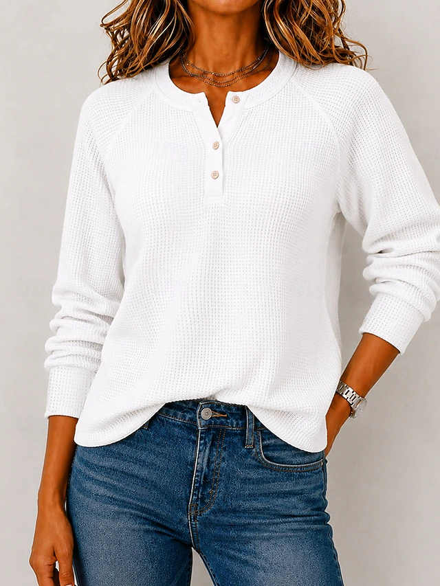 Women's Waffle Shirt Blouse Knit Shirts Texture Solid Color Stylish Basic Classic Long Sleeve Shirt Henry Collar Long Tops Casual Daily Halloween
