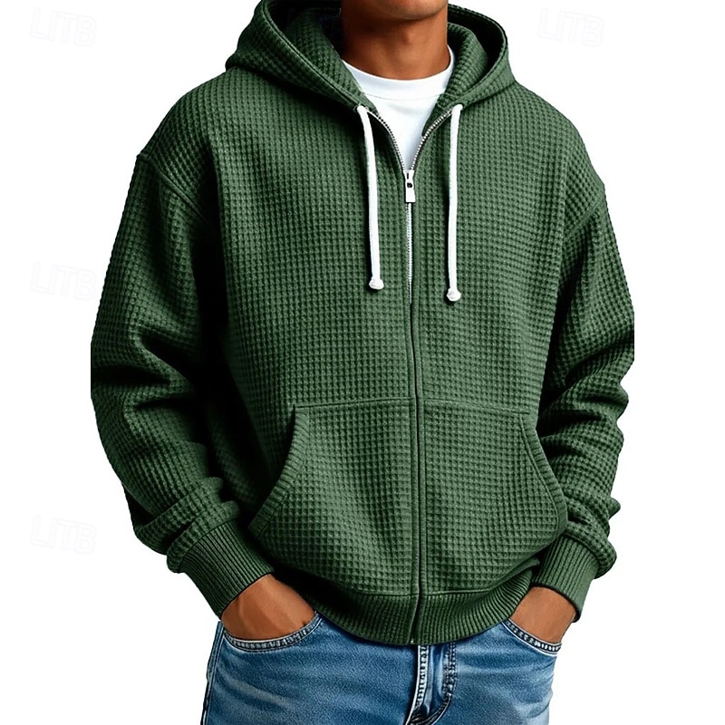 Men's Hoodie Full Zip Hoodie Waffle Hoodies Black White Light Green Army Green Navy Blue Hooded Plain Textured Casual Daily Sports & Outdoor Streetwear Cool Sportswear Fall & Winter Spring & Fall 2026 - €11.69 –P6