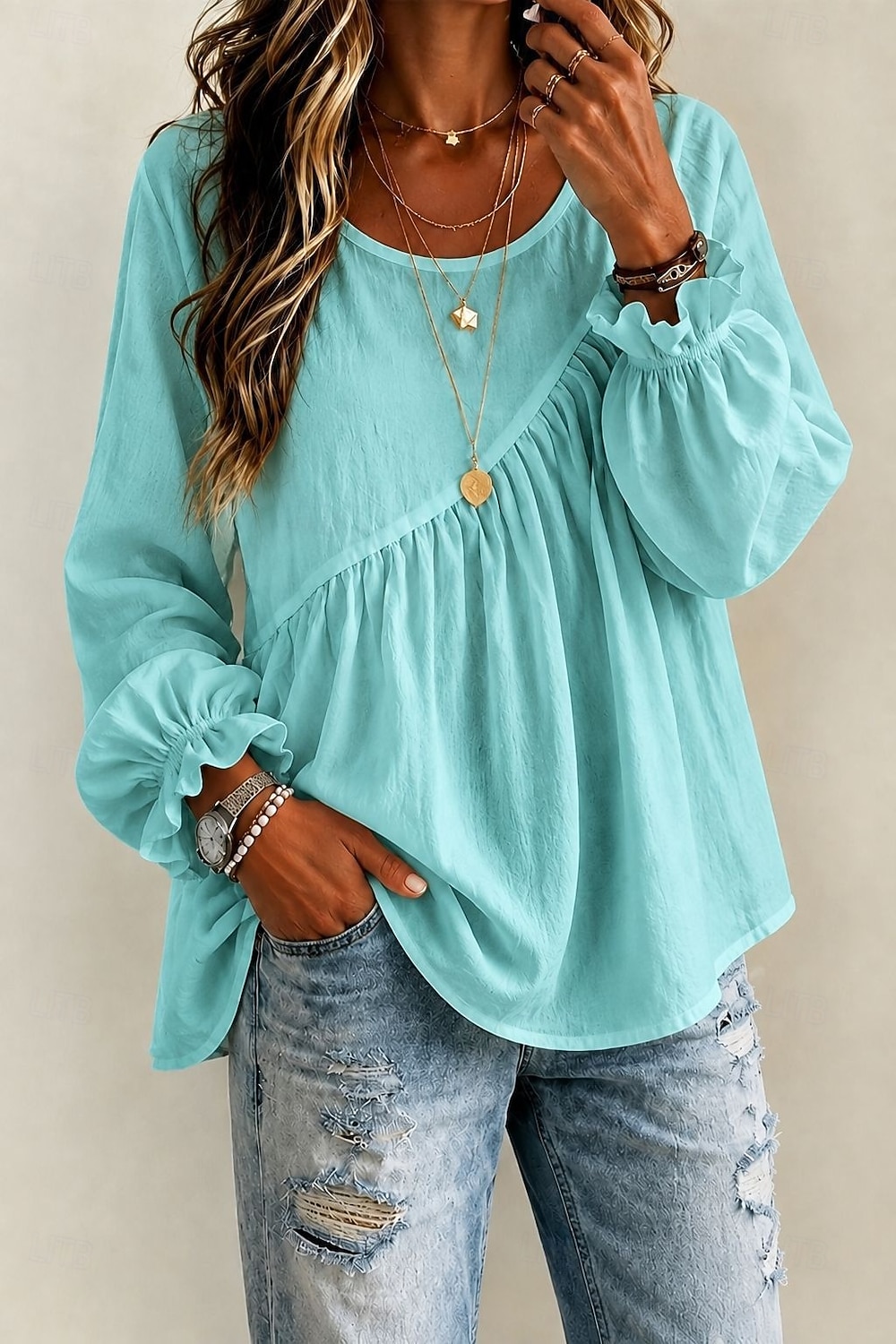 Women's White Boho Blouse Round Neck Long Sleeve Ruffle Trim Peplum Tunic Shirt 2026 - $27.99 &ndash;P3
