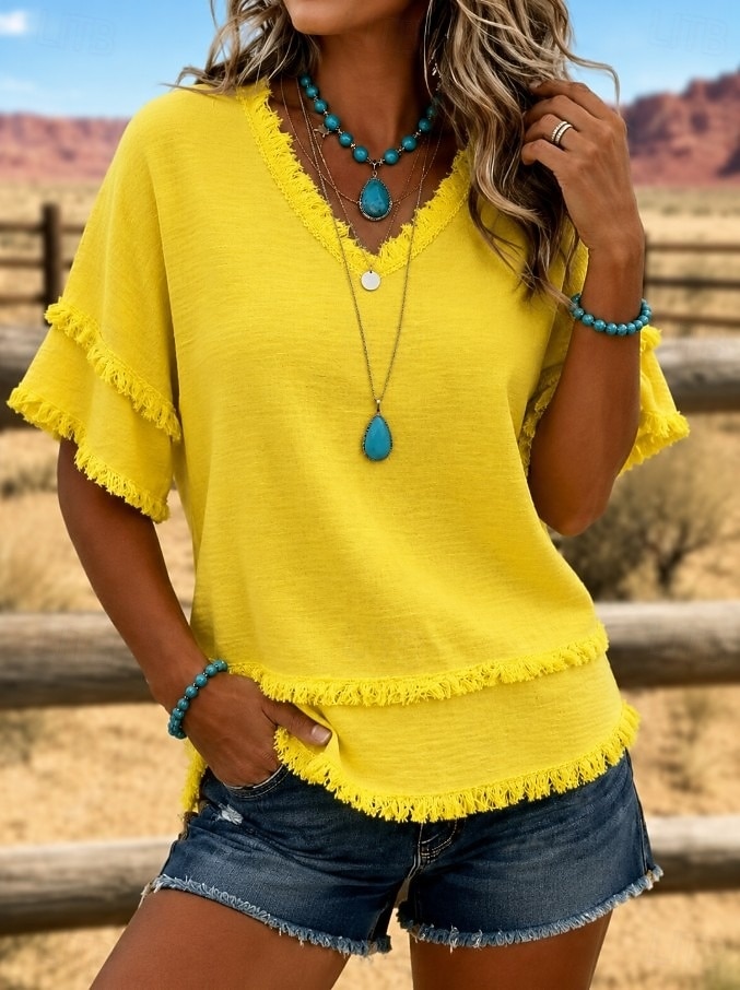 Women's V Neck Fringe Trim Short Sleeve Blouse Double Layer Frayed Raw Hem Crinkle Textured Loose Casual Tunic Top 2026 - $26.99 &ndash;P3