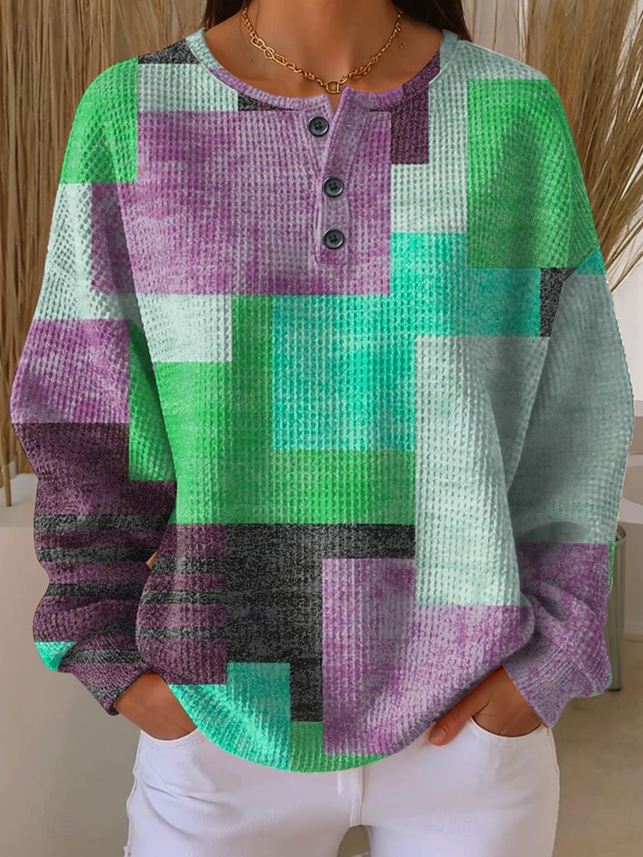 Women's Pullover Sweatshirt Buttons Graphic Geometric Fashion Casual Print Long Sleeve Crew Neck Regular Tops Casual Home Work Yellow Red Orange Green Spring Fall 2026 - &euro;28.99 &ndash;P3