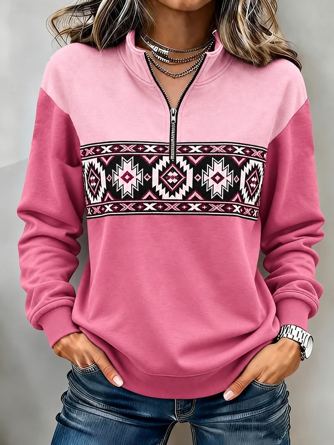 Women's Pullover Sweatshirt Zipper Floral Graphic Vintage Western Retro Long Sleeve High Neck Half Zip Regular Tops Casual Dailywear Holiday Blue Yellow Pink Orange Brown Spring Fall Winter 2026 - &euro;27.99 &ndash;P5