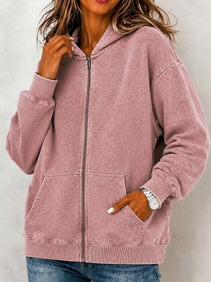 Women's Cotton Vintage wash Zip Up Hoodies Plain Active Vintage Casual Long Sleeve Hooded Regular Tops Casual Home Street Black Pink Light Purple Green Rose Red Spring Fall Winter 2026 - $39.99 &ndash;P7