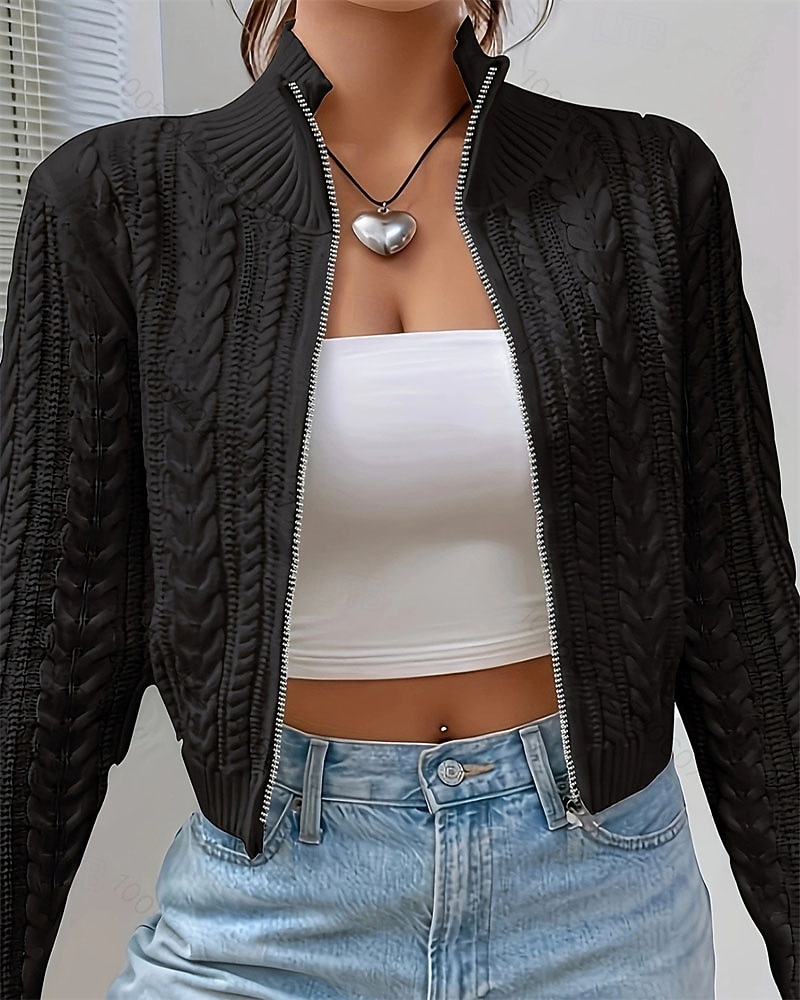 Women's Sweater Cardigan Elegant Fashion Cute Solid Color Stand Collar Zipper Knitted Print Long Sleeve Regular Tops Knit Daily Outdoor Holiday White Wine Red Fall Winter 2026 - €29.99 –P4