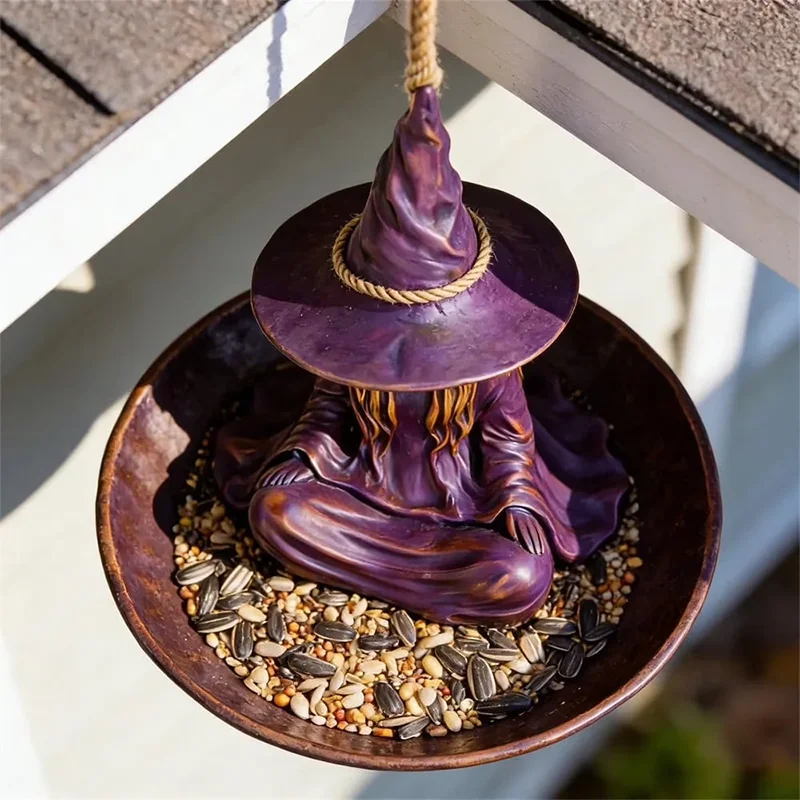 Hanging bird feeder "Meditating Witch", creative and magical decoration for garden, patio and terrace, durable material.