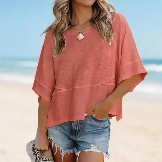 Last day to save ！Women's Summer Casual Crewneck Batwing Half Sleeve T-Shirts Solid Color Loose Fit Cute Basic Flowy Tops Tees Blouses