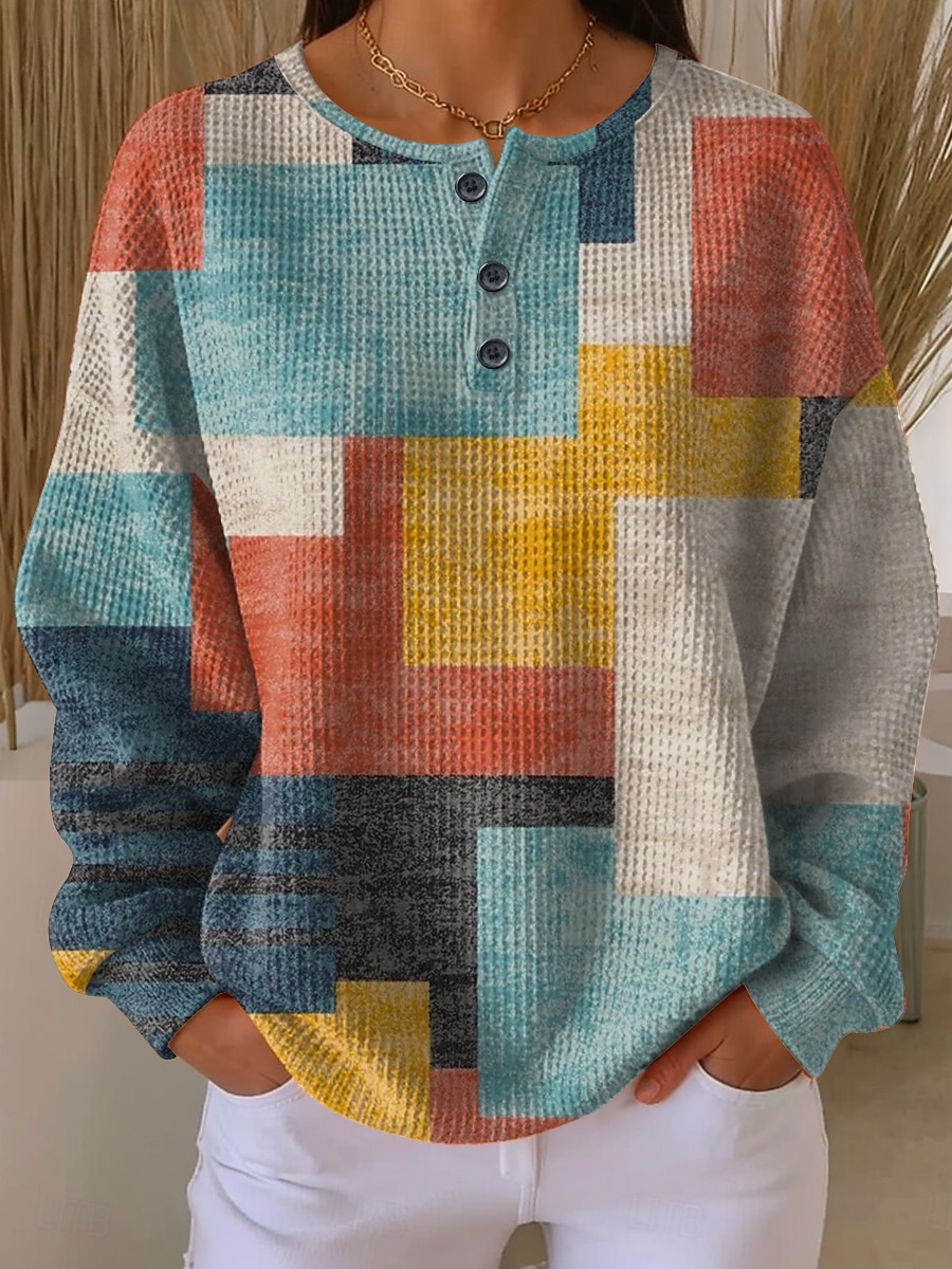 Women's Pullover Sweatshirt Buttons Graphic Geometric Fashion Casual Print Long Sleeve Crew Neck Regular Tops Casual Home Work Yellow Red Orange Green Spring Fall 2026 - &euro;28.99 &ndash;P1
