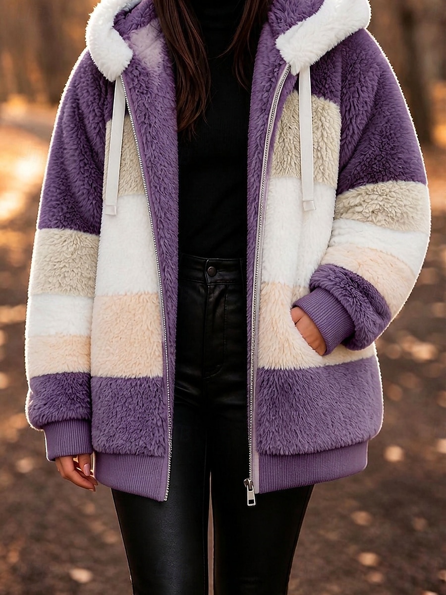 Women's Fleece Jacket Teddy Coat Hoodie Jacket Warm Breathable Zipper Pocket Fleece Lined Casual Stripe Vacation Street Daily Wear Going out Zipper Regular Hoodie Regular Long Sleeve Outerwear Blue 2026 - $31.99 &ndash;P8