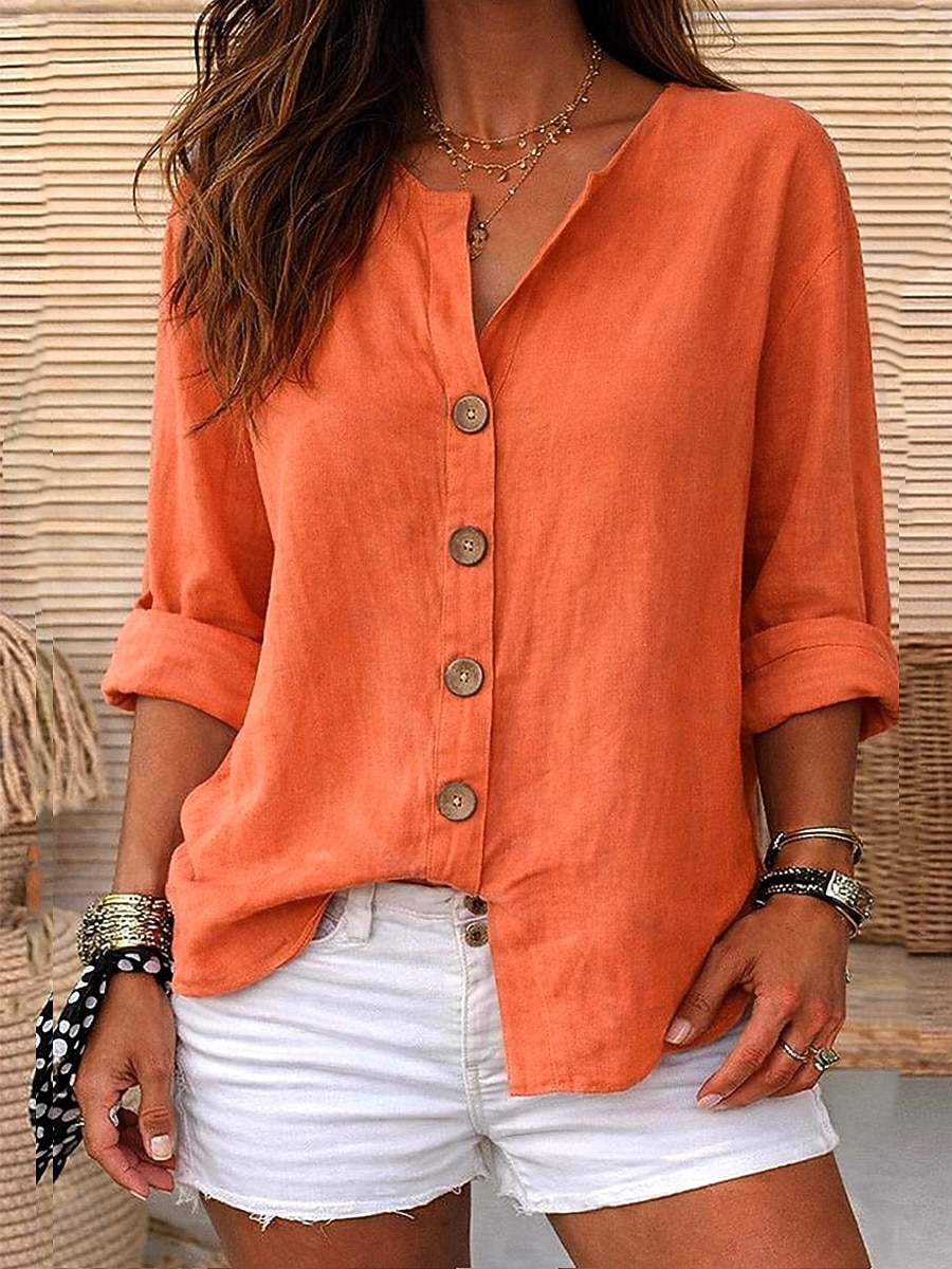 Women's Linen Shirts Blouse Buttons Solid Color Daily Casual Long Sleeve V Neck Regular Tops Daily Black White Red Orange Green Summer Spring Fall 2026 - $29.99 &ndash;P8