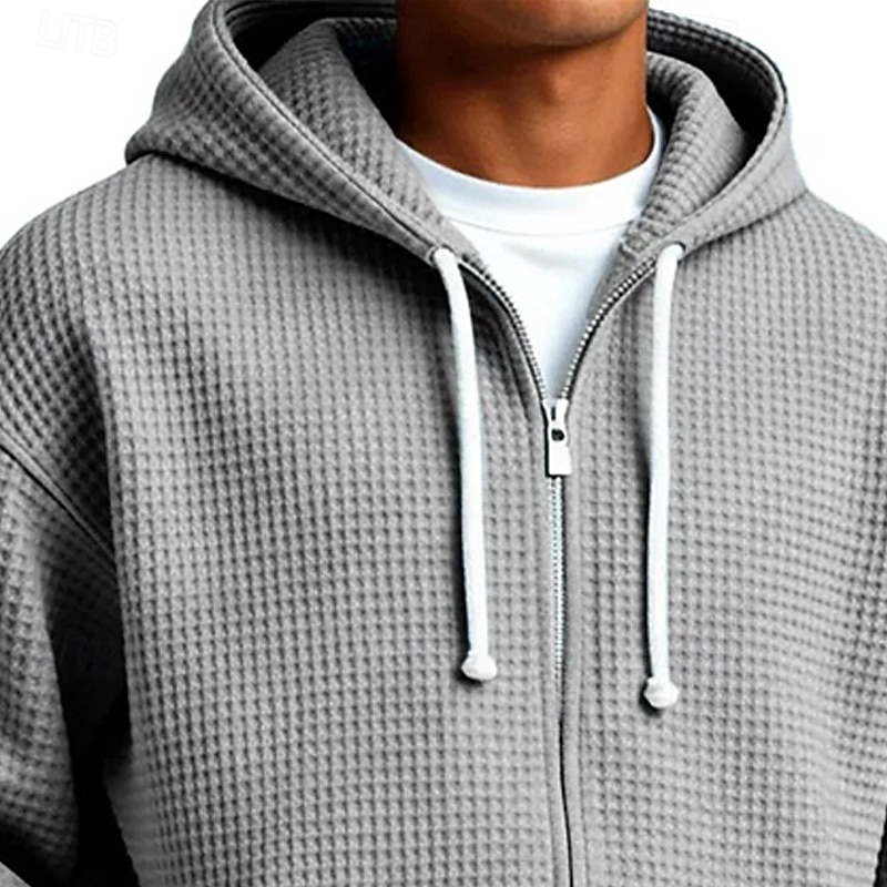 Men's Hoodie Full Zip Hoodie Waffle Hoodies Black White Light Green Army Green Navy Blue Hooded Plain Textured Casual Daily Sports & Outdoor Streetwear Cool Sportswear Fall & Winter Spring & Fall 2026 - €11.69 –P11
