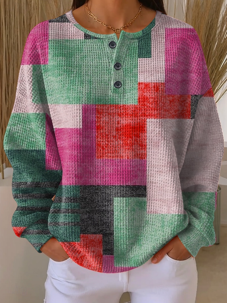 Women's Pullover Sweatshirt Buttons Graphic Geometric Fashion Casual Print Long Sleeve Crew Neck Regular Tops Casual Home Work Yellow Red Orange Green Spring Fall 2026 - &euro;28.99 &ndash;P4