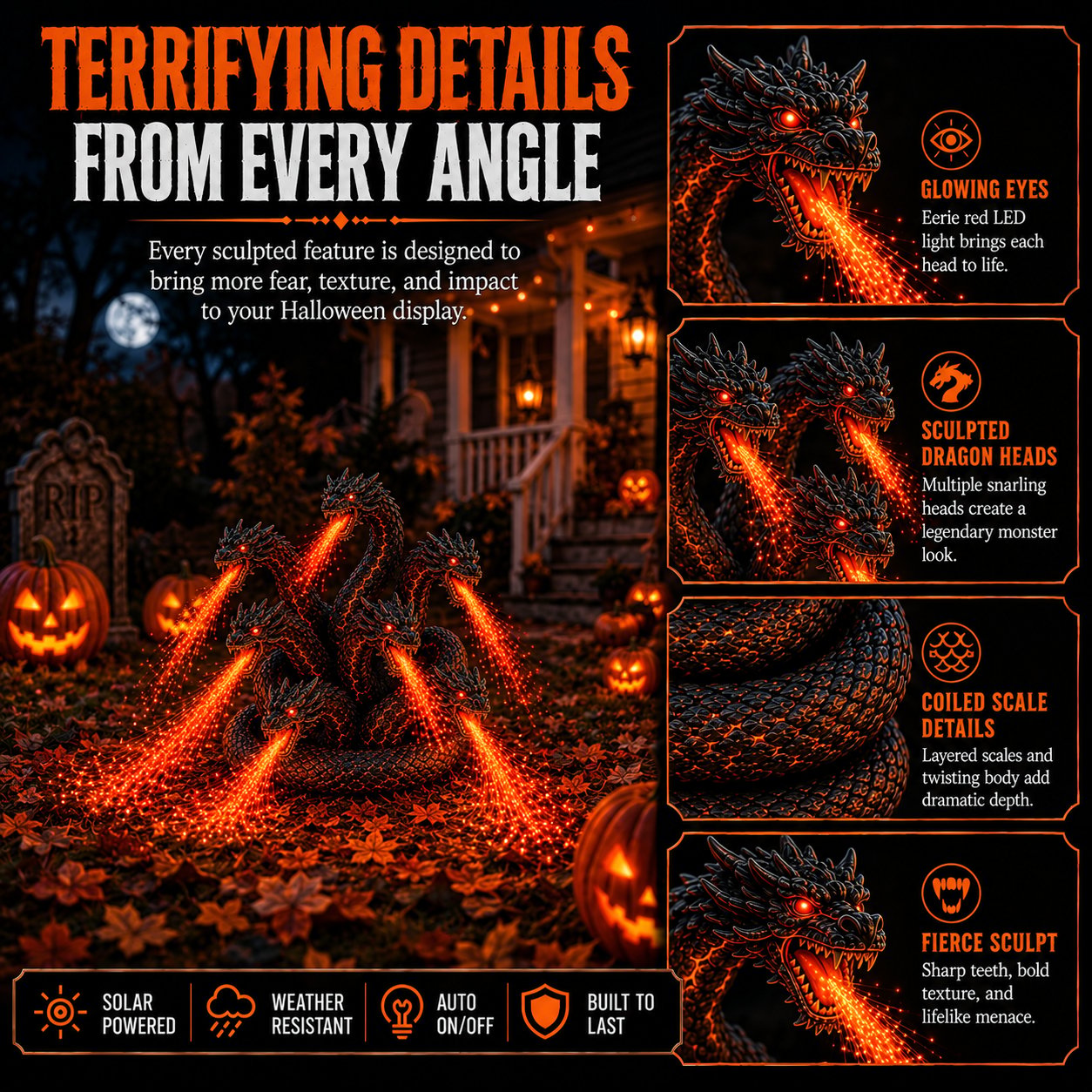 🔥🐉 Fire-breathing Orochi solar garden light – Epic Halloween decoration: multi-headed dragon
