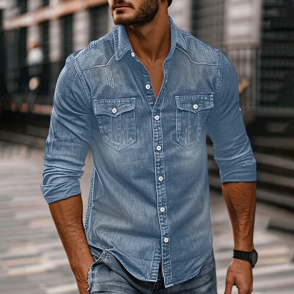 Men's Shirt Chambray Shirt Calico Shirt Button Up Shirt Casual Shirt Denim Shirt Denim Blue Black Dark Navy Blue Long Sleeve Plain Collar Daily Vacation Clothing Apparel Cotton Fashion Casual 2026 - $37.99 &ndash;P6