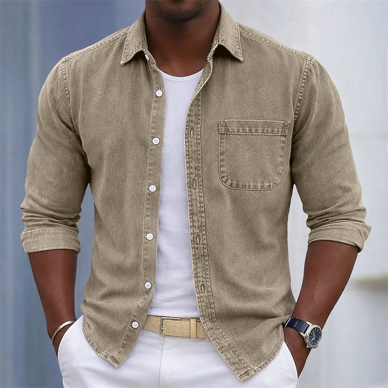 SoftFade&trade; Men's Shirt Casual Shirt Cotton Acid Wash Shirt Acid Wash Shirt Blue Black Light Green Burgundy Navy Blue Long Sleeve Plain Shirt Collar Casual Daily Front Pocket Clothing Apparel 2026 - $31.99 &ndash;P3