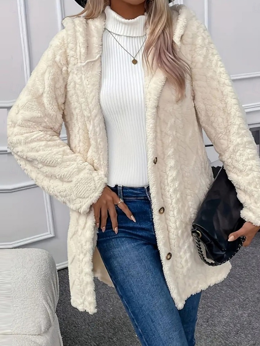 Women's Sherpa Jacket Casual Jacket Comfortable Breathable Pocket Buttons Casual Plain Casual Vacation Street Daily Wear Open Front Regular Hooded Regular Fit Long Sleeve Outerwear Black White Pink 2026 - $14.99 &ndash;P2