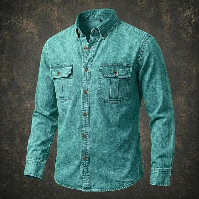Men Shirt Garment Dyed Acid Wash Shirt Blue Black Red Purple Green Long Sleeve Plain Shirt Collar Casual Daily Front Pocket Clothing Apparel Elegant Fashion Casual
