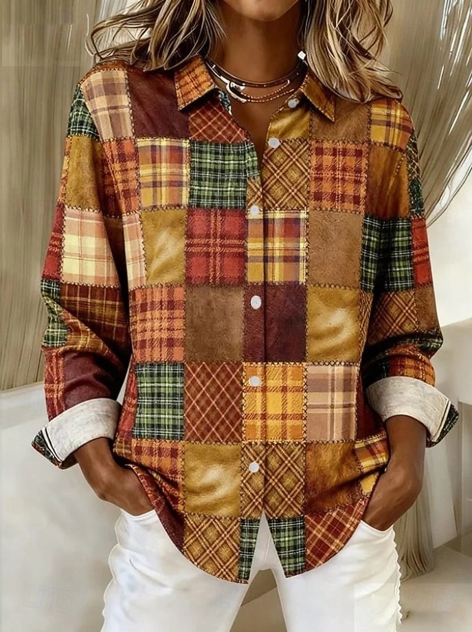Women's Shirt Blouse Patchwork Buttons Print Graphic Geometric Plaid Vintage Daily Stylish Long Sleeve Shirt Collar Regular Tops Daily Maroon Denim Blue Yellow Light Brown Brown Spring Fall Winter 2026 - &euro;31.99 &ndash;P4