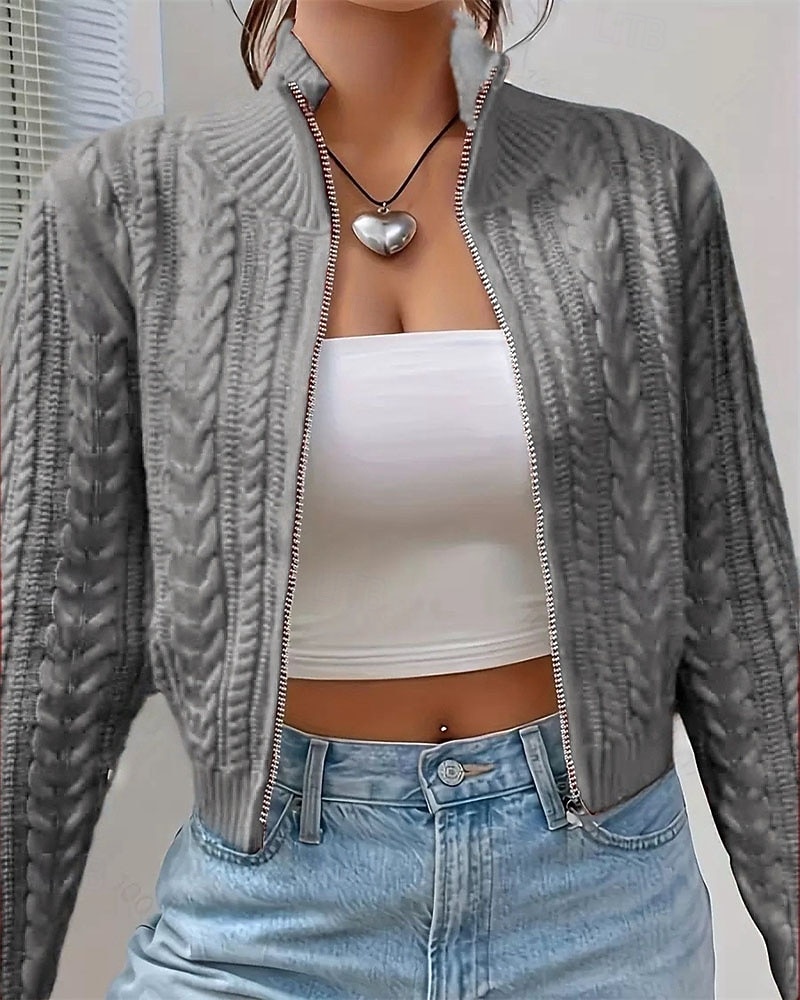 Women's Sweater Cardigan Elegant Fashion Cute Solid Color Stand Collar Zipper Knitted Print Long Sleeve Regular Tops Knit Daily Outdoor Holiday White Wine Red Fall Winter 2026 - €29.99 –P3