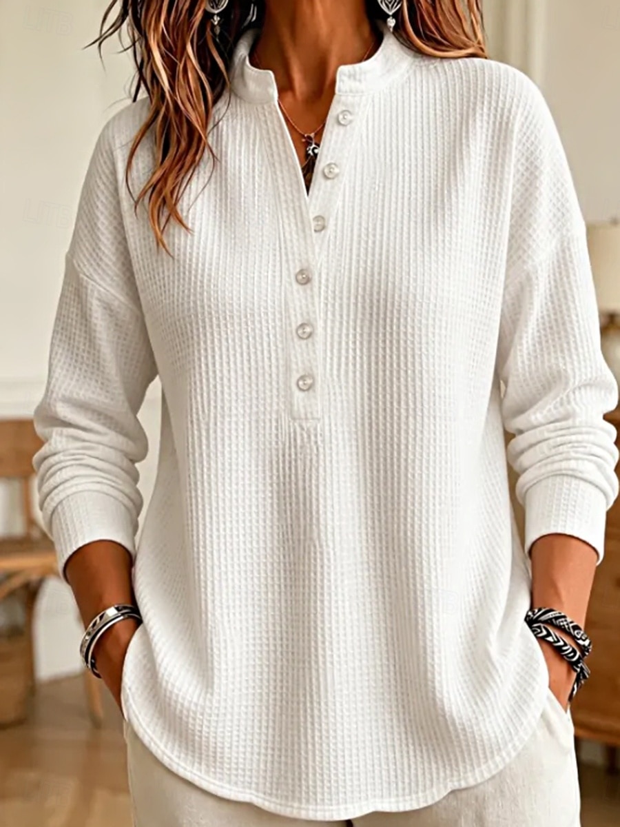 Women's Waffle Shirt Blouse Knit Shirts Texture Solid Color Vintage Fashion Stylish Long Sleeve Collar V Neck Henry Collar Long Tops Casual Daily Going out Blue White Yellow Pink Spring Fall Winter 2026 - $26.99 &ndash;P1