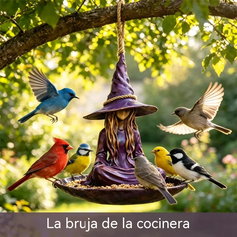 Hanging bird feeder "Meditating Witch", creative and magical decoration for garden, patio and terrace, durable material.